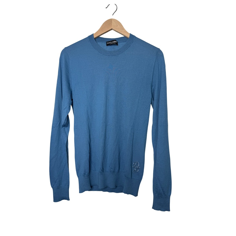 Dolce & Gabbana Mens Blue Cashmere Crewneck Sweater DG Logo IT 46